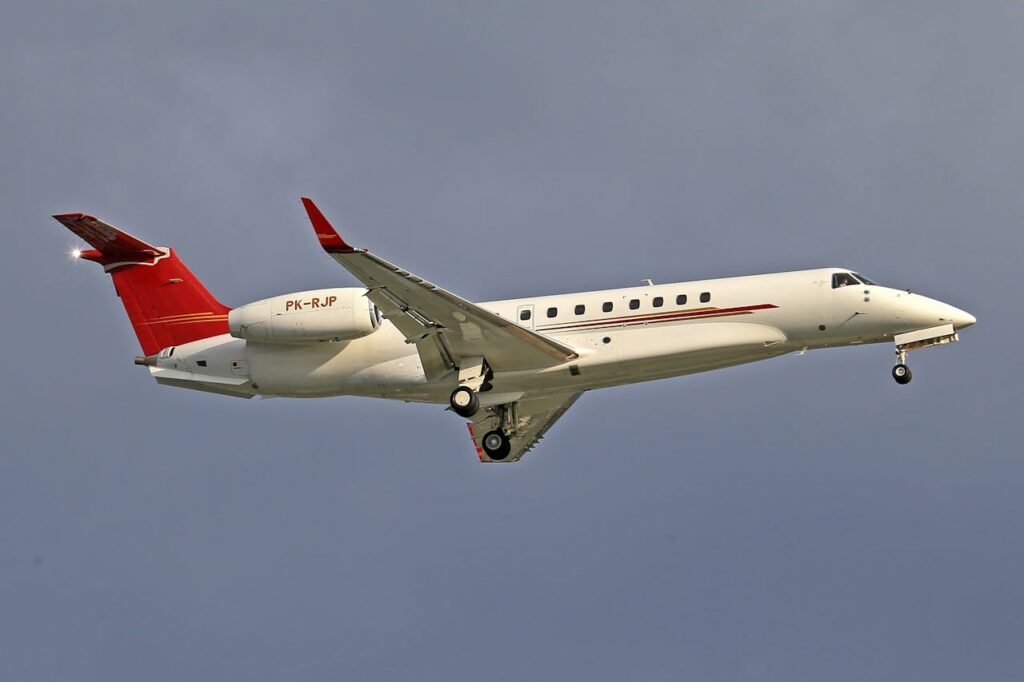 Close-up view of a private jet in flight against a clear sky, capturing aviation elegance.